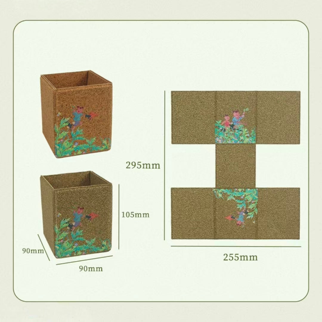 Die cut size diagram of foldable mugwort fiber pen holder, plastic-free herbal print desktop storage cylinder