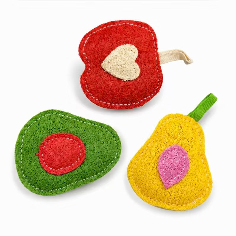 Fruit Set Apple Avocado Pear Loofah Cat Toy Size Chart, Zero Waste Natural Plant Pet Toy