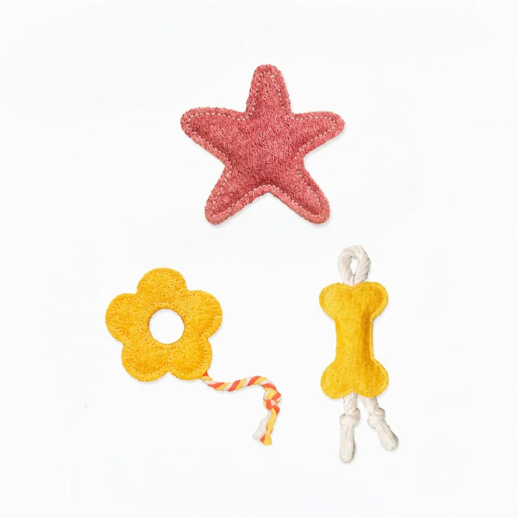 Natural loofah cat chew toys set, star shape, flower shape and bone shape, eco-friendly biodegradable pet toys, plastic free