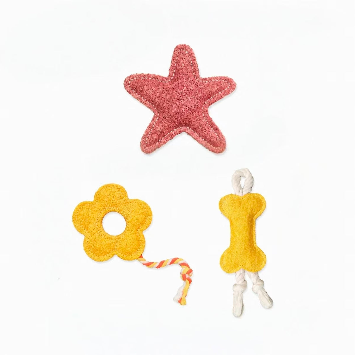 Natural loofah cat chew toys set, star shape, flower shape and bone shape, eco-friendly biodegradable pet toys, plastic free