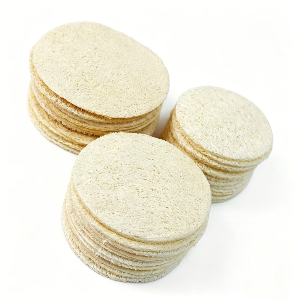 Natural round loofah facial pad stack, reusable plant fiber exfoliating makeup remover pad, plastic-free eco skincare tool