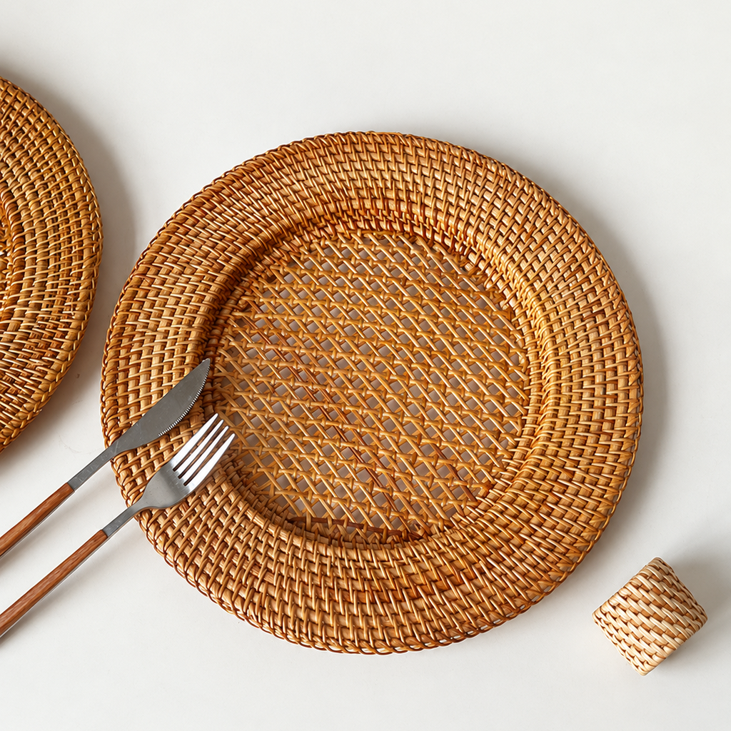 Rustic table setting with natural rattan placemat, wooden cutlery, and woven napkin ring