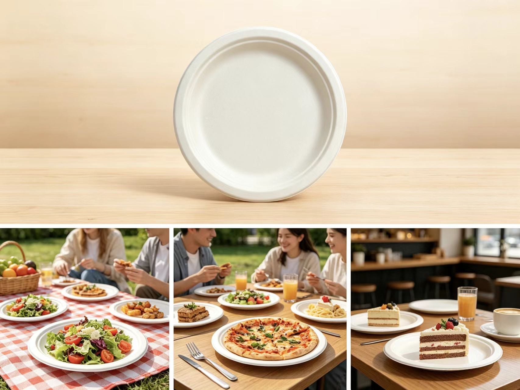 ⁠Outdoor picnic and BBQ table setting with compostable sugarcane party plates, ideal for large gatherings and events.⁠
