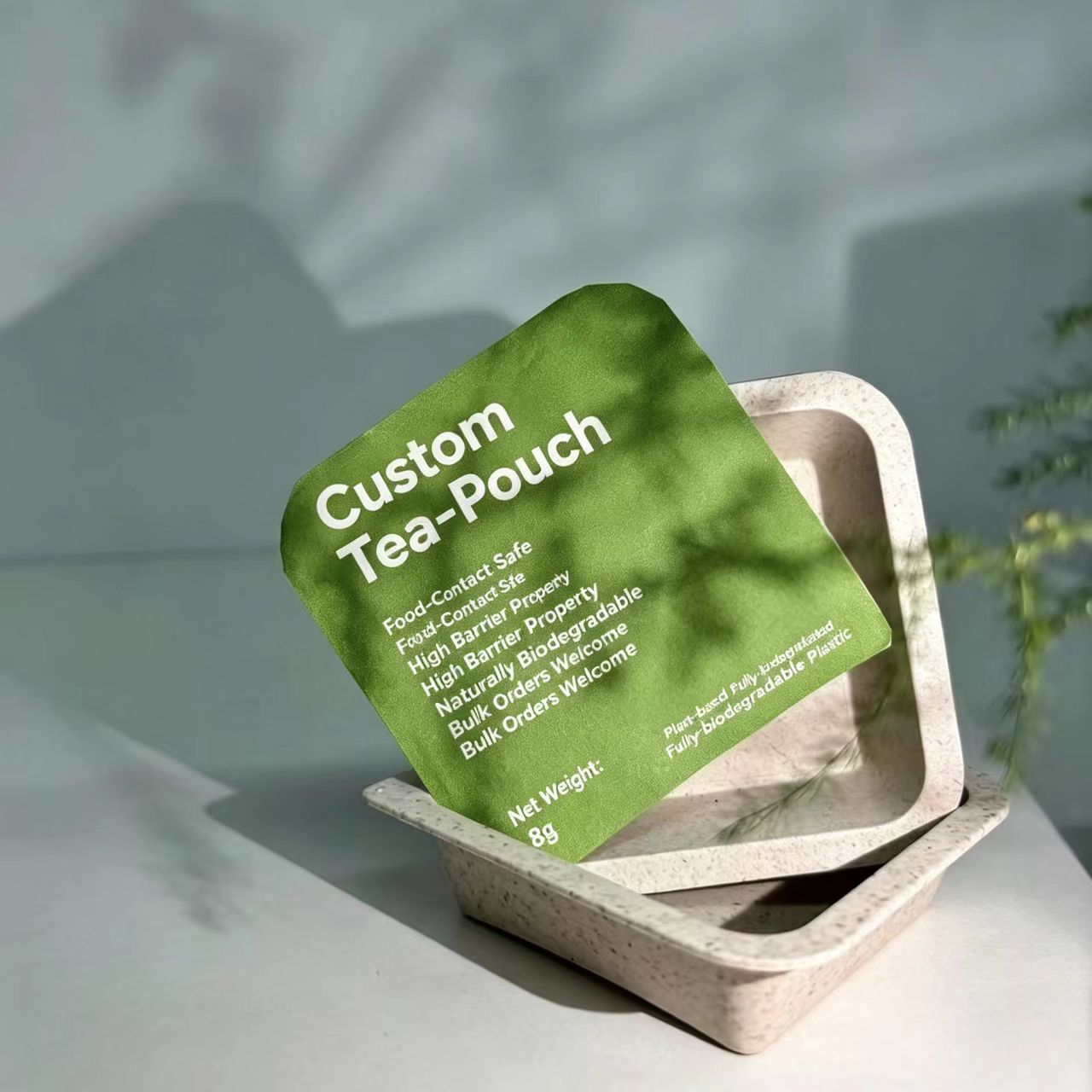 co-friendly portable square tea sachet tray made from plant-based biodegradable material for single-serve premium tea packaging.