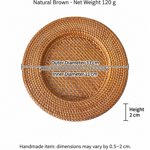 Dimension chart for 33cm natural brown woven rattan charger tray showing outer and inner diameters