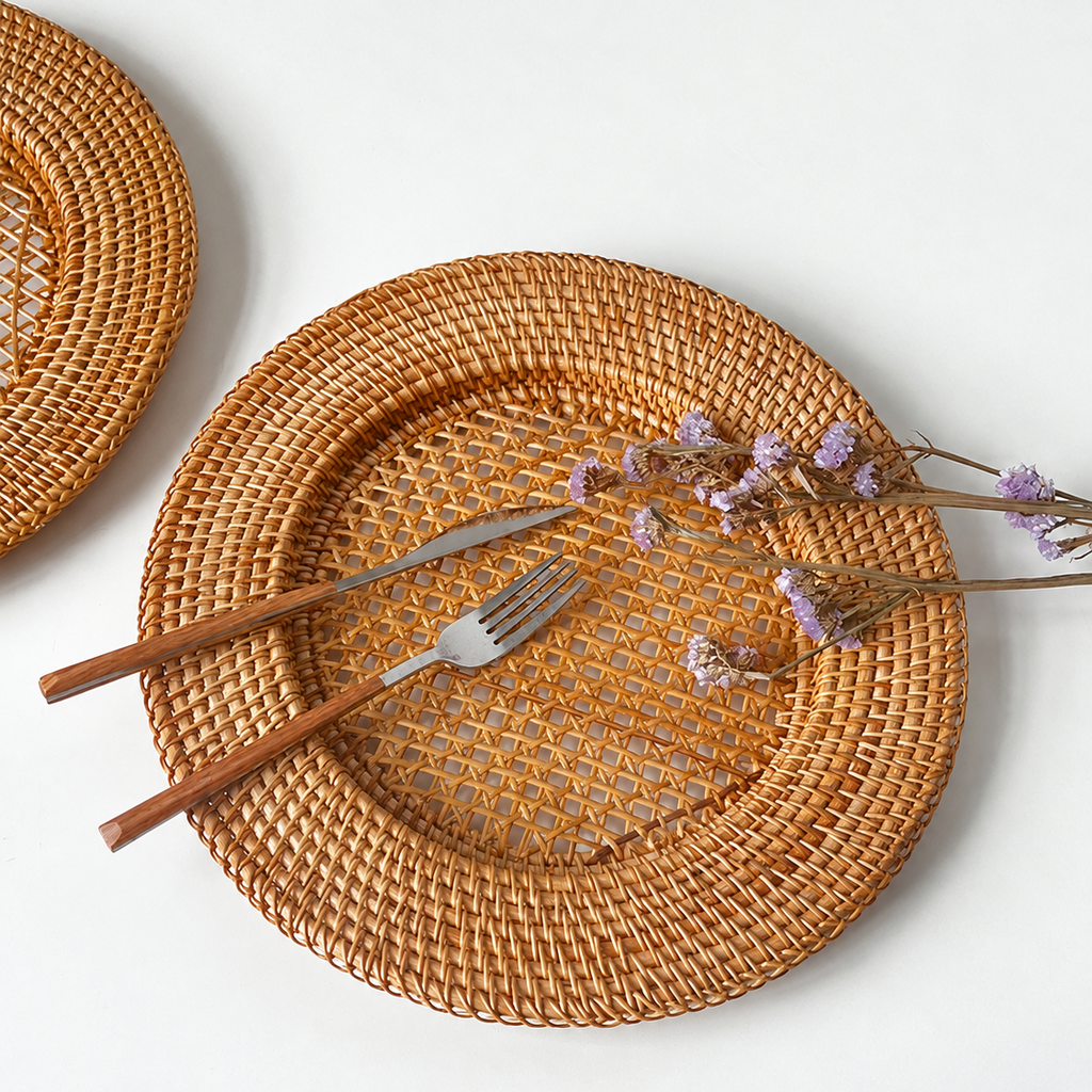 Boho table setting featuring natural rattan charger plate with wooden cutlery and purple dried flowers by xuraneco