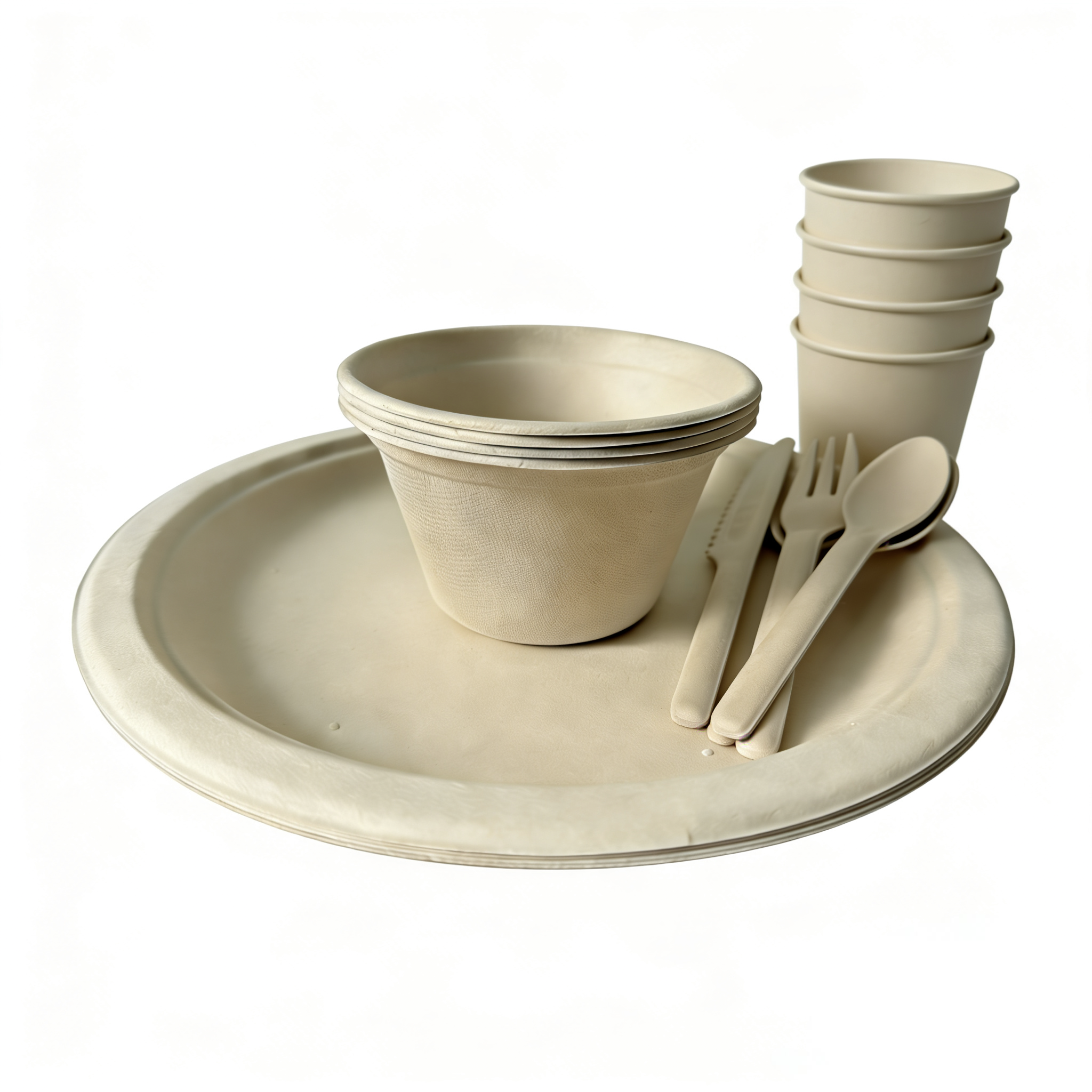  stackable compostable disposable tableware set, 4 person sugarcane dinnerware 