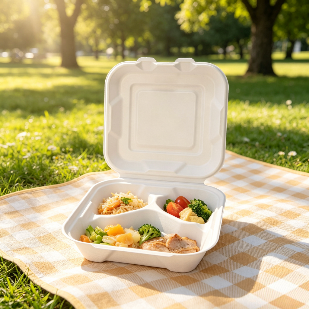 9 Inch 3 Compartment Compostable Clamshell Takeout Containers, 100% Sugarcane Bagasse Disposable Food Trays, Heavy Duty Biodegradable Meal Prep Boxes for Restaurants, Food Trucks & Catering