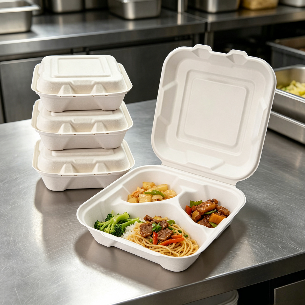 9 Inch 3 Compartment Compostable Clamshell Takeout Containers, 100% Sugarcane Bagasse Disposable Food Trays, Heavy Duty Biodegradable Meal Prep Boxes for Restaurants, Food Trucks & Catering