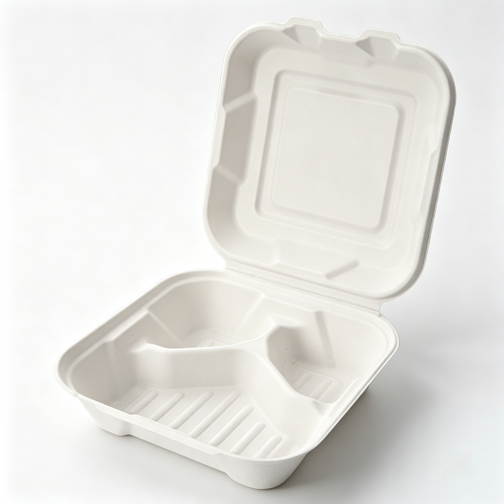 9 Inch 3 Compartment Compostable Clamshell Takeout Containers, 100% Sugarcane Bagasse Disposable Food Trays, Heavy Duty Biodegradable Meal Prep Boxes for Restaurants, Food Trucks & Catering