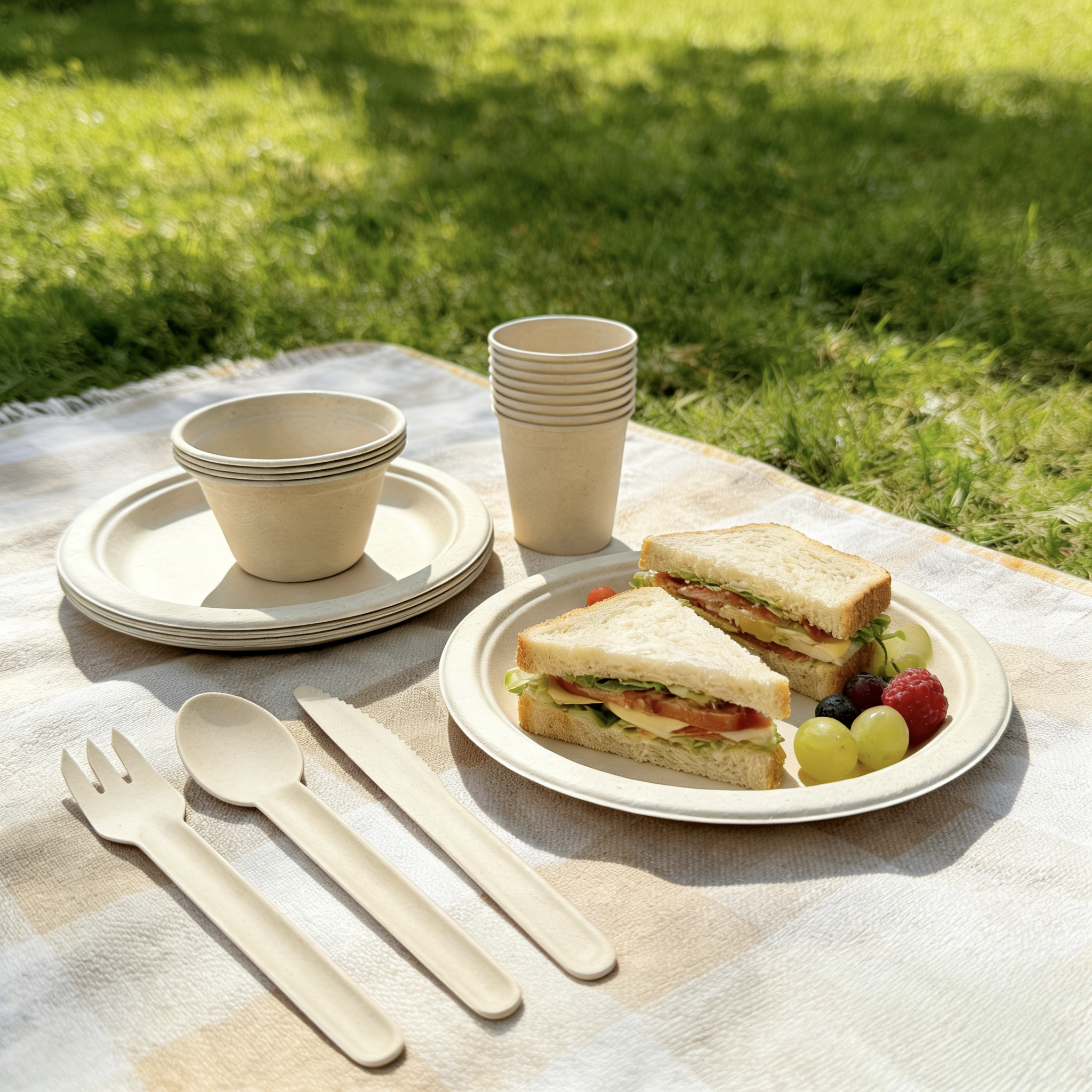 4 person compostable dinnerware set, sugarcane bagasse disposable tableware for picnic 

