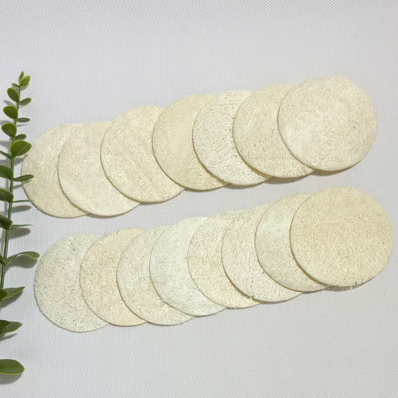 Flat lay of natural loofah facial pads, plant-based reusable cleansing pads for home skincare