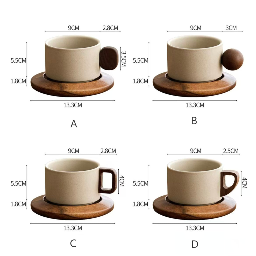 4 styles wooden handle options for stoneware coffee mug, dimension specification diagram, A round block / B sphere knob / C square handle / D hollow cutout handle