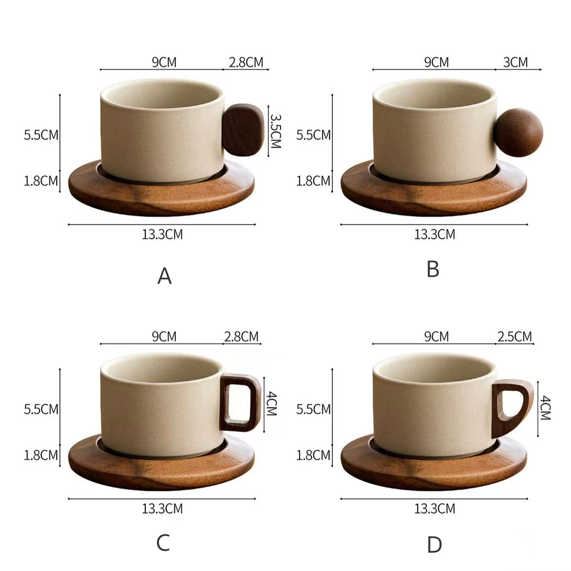 4 styles wooden handle options for stoneware coffee mug, dimension specification diagram, A round block / B sphere knob / C square handle / D hollow cutout handle