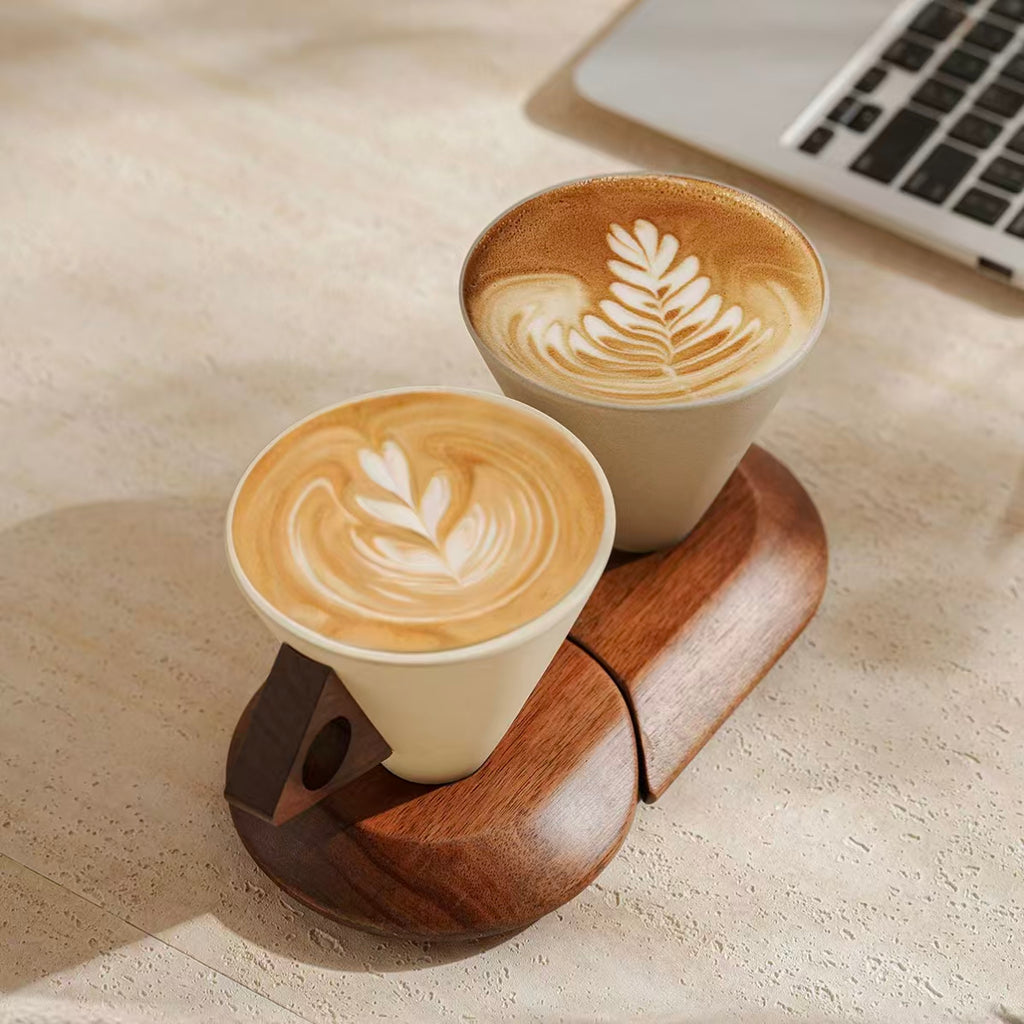 Minimalist cone stoneware coffee mug set with latte art, natural wooden handle and split coaster