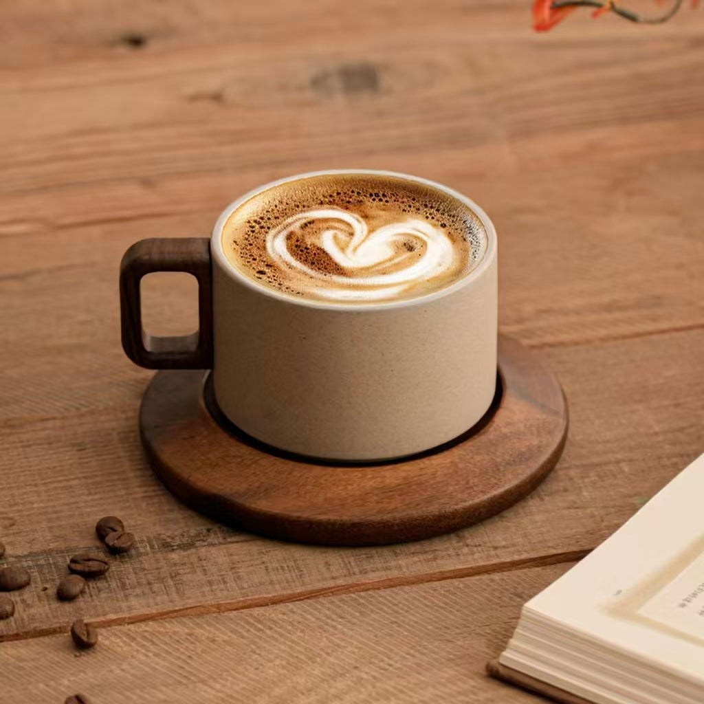Minimal stoneware coffee cup with square hollow walnut handle, earth tone kitchen tableware
