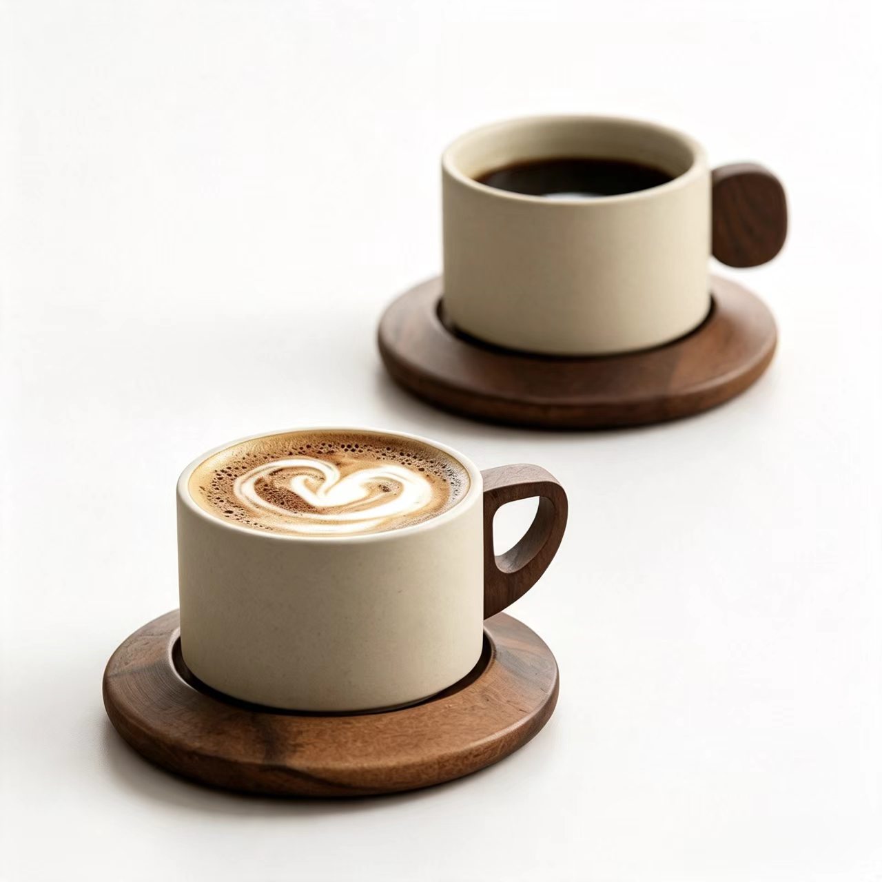 250ml matte stoneware coffee mug with detachable walnut handle and wooden saucer, wabi sabi home cafe tableware
