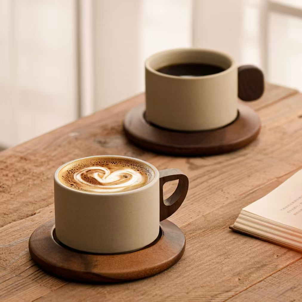 Rustic stoneware coffee cup set on wooden table, latte art, slow morning coffee ritual sustainable drinkware