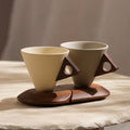 Geometric Cone Stoneware Coffee Mug Set | 250ml Sustainable Wabi Sabi Drinkware With Wooden Stand