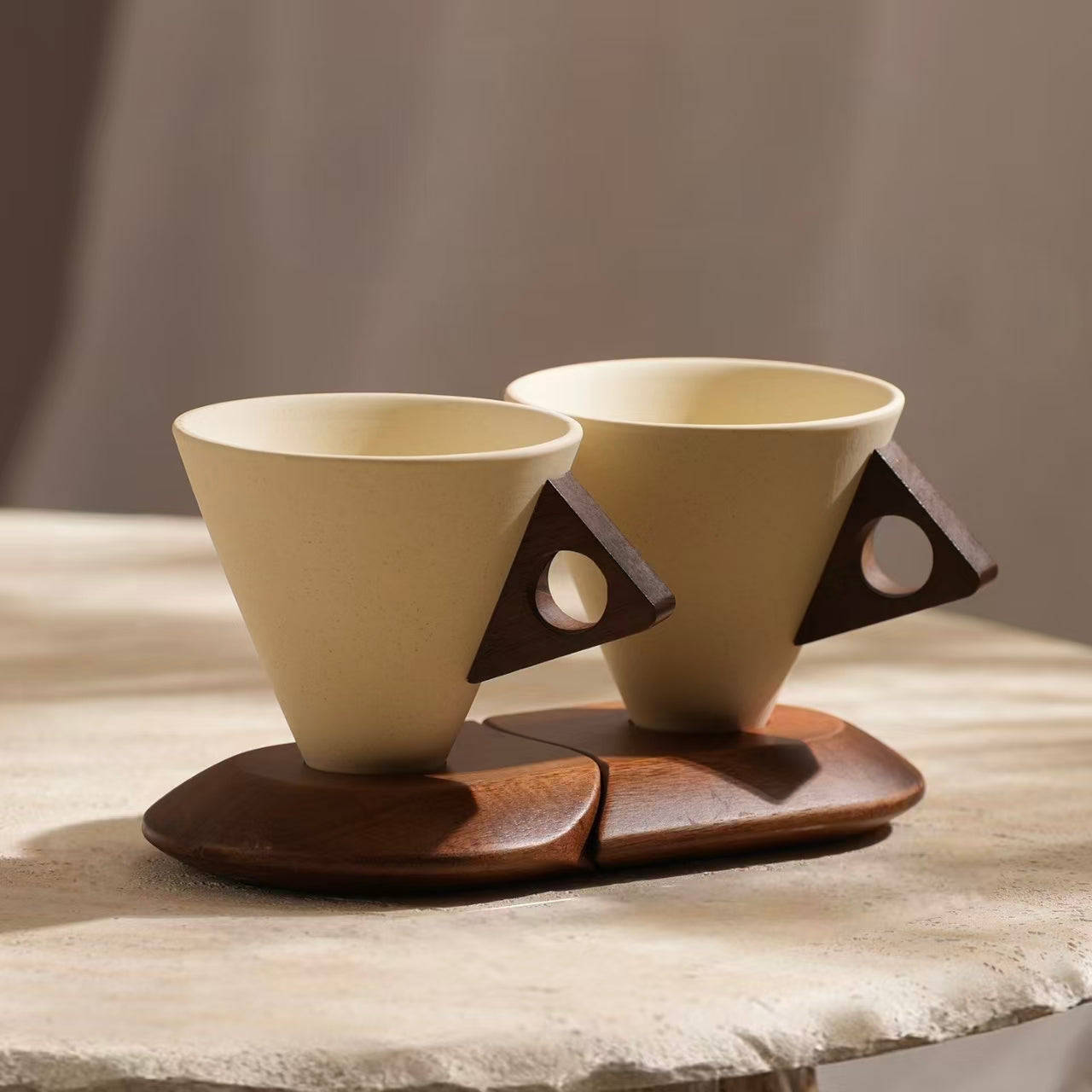 Geometric Cone Stoneware Coffee Mug Set | 250ml Sustainable Wabi Sabi Drinkware With Wooden Stand