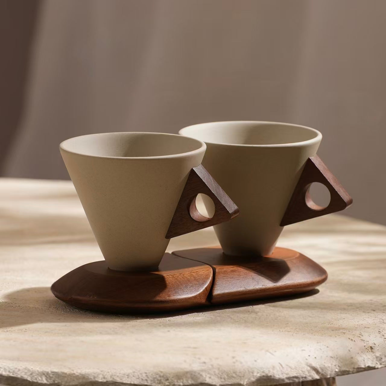 Geometric Cone Stoneware Coffee Mug Set | 250ml Sustainable Wabi Sabi Drinkware With Wooden Stand