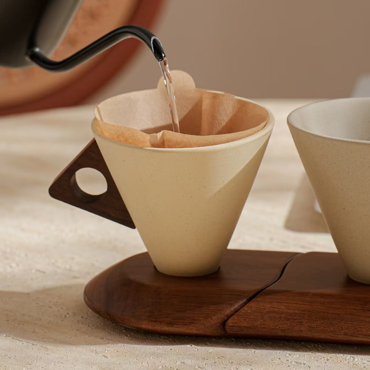 Cone stoneware cup used as pour over coffee dripper with filter paper, multi-functional home coffee gear
