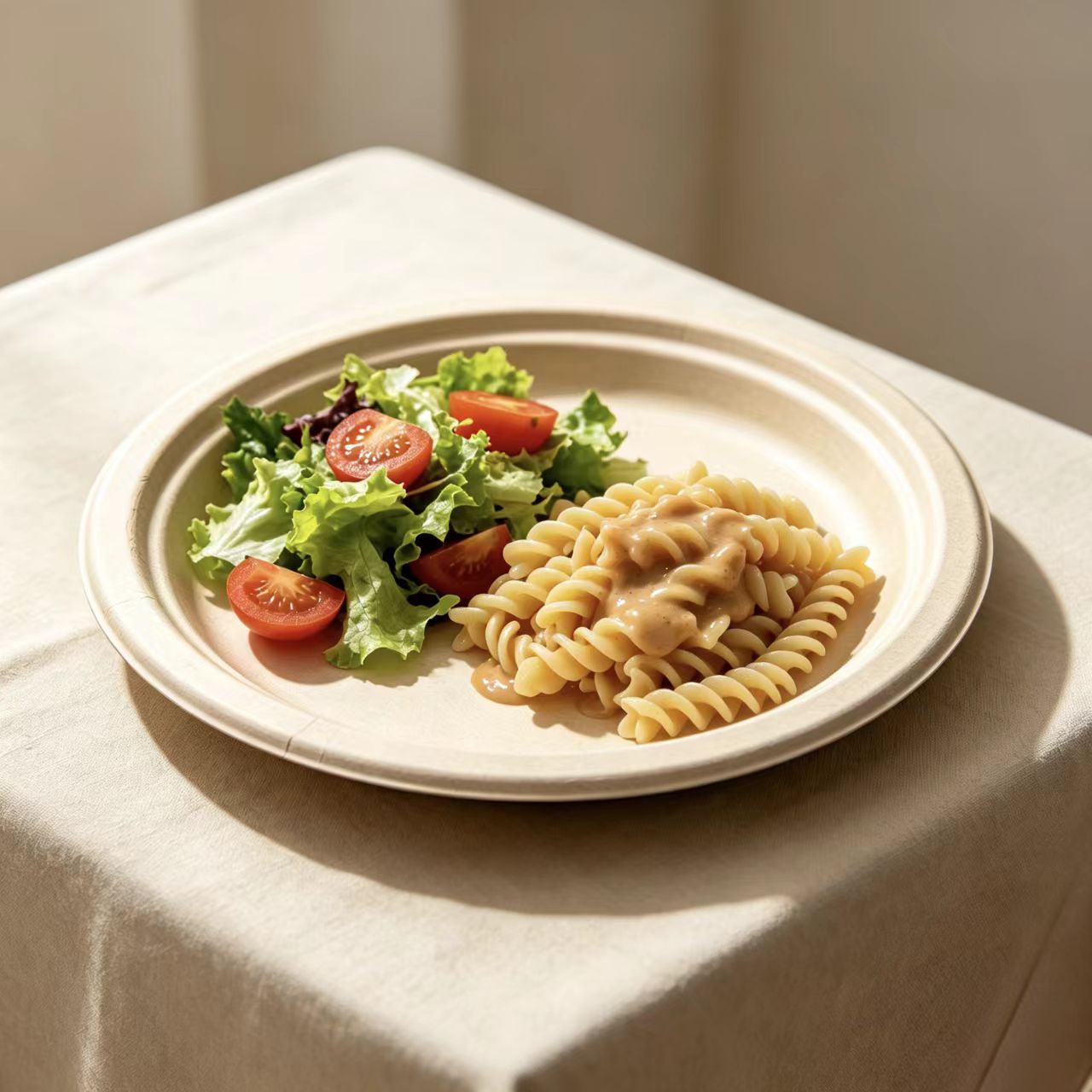 ⁠Premium sustainable catering plate served with fresh salad and pasta, proving oil-resistant commercial foodservice quality.⁠