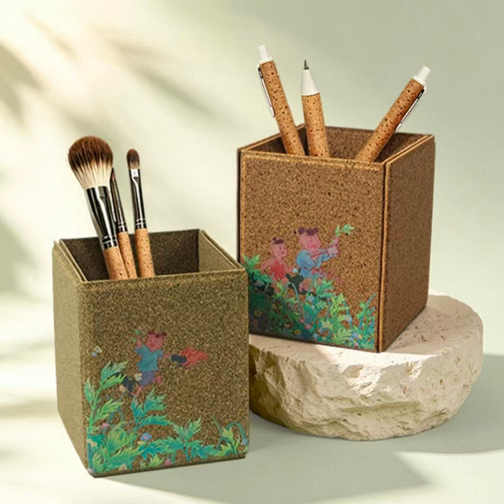 Dual tone mugwort fiber square pen holder, plastic-free makeup brush organizer with traditional Chinese kid herbal print