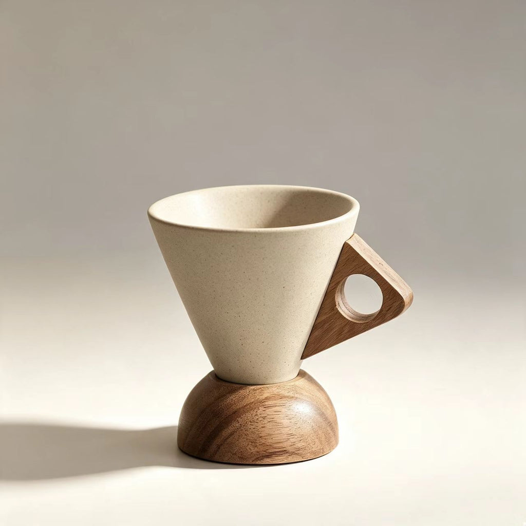 Wabi sabi matte speckled ceramic pour over coffee dripper with triangular solid wood handle, round acacia wooden base, 250ml eco friendly hand drip coffee cup, sustainable home coffee gear 