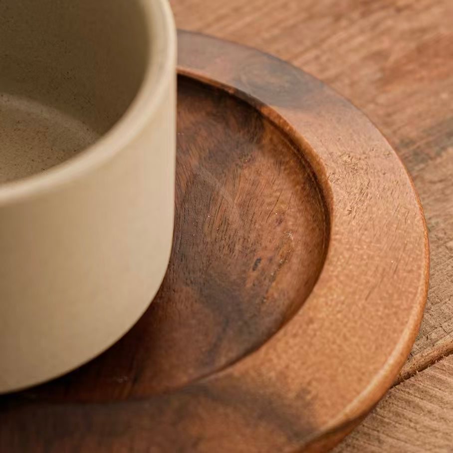 Solid walnut wooden saucer natural grain, matching stoneware coffee cup coaster
