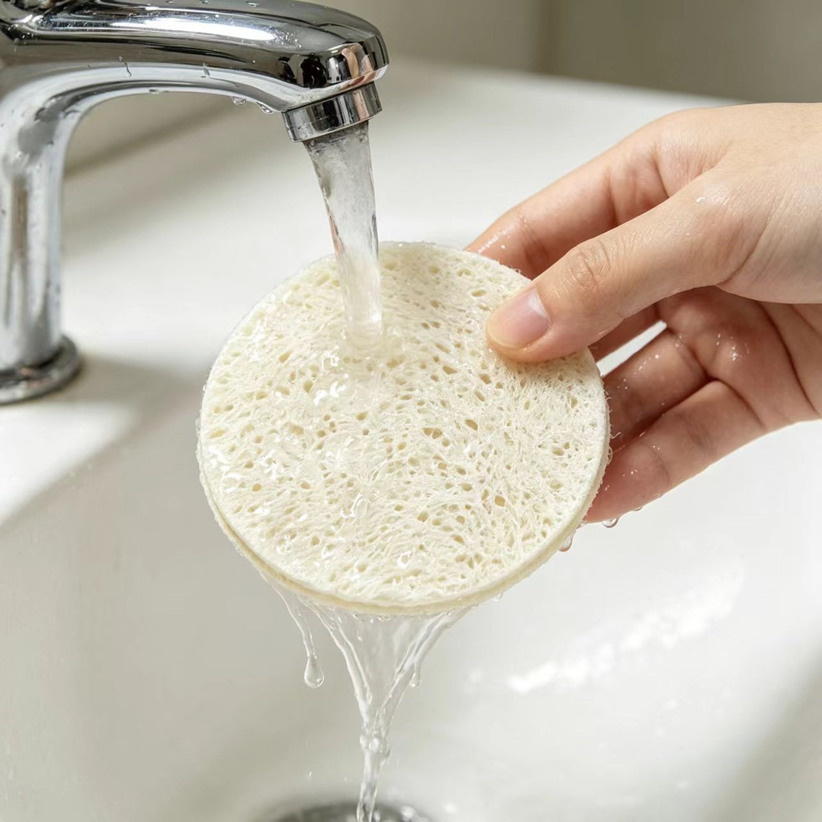 Rinsing natural loofah pad under running tap water, washable reusable exfoliating skincare pad
