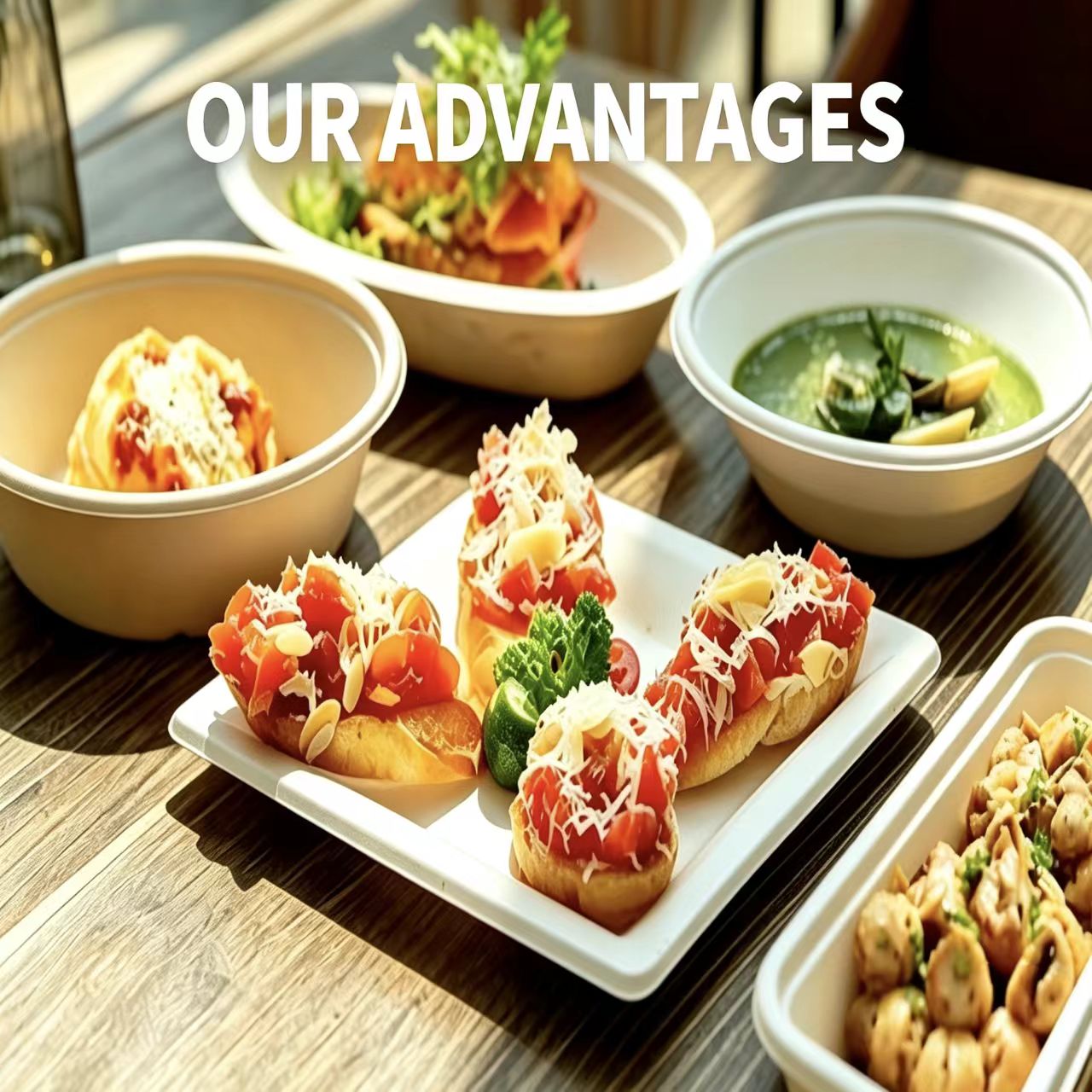 Xuran Eco compostable sugarcane bagasse bowls and catering food containers filled with appetizers, highlighting wholesale eco-friendly packaging advantages.