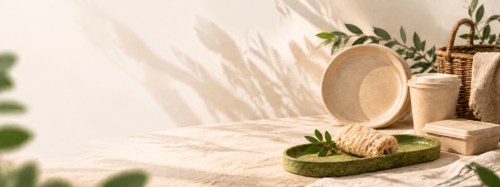 Natural material objects arranged in warm sunlight, including a tea-derived fiber tray, loofah, woven basket and plant-fiber tableware
