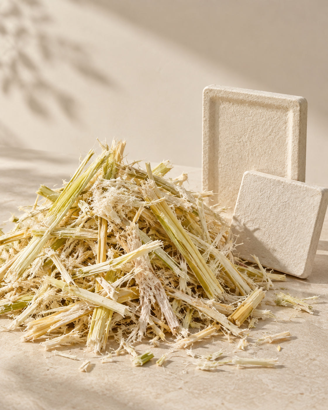 Sugarcane bagasse fibers beside molded plant-fiber forms