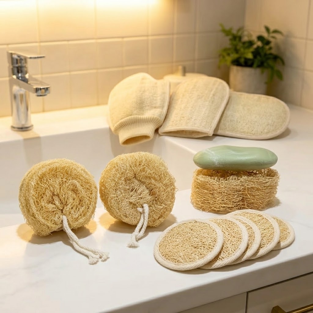 Natural loofah bath and body cleansing products arranged on a bathroom counter