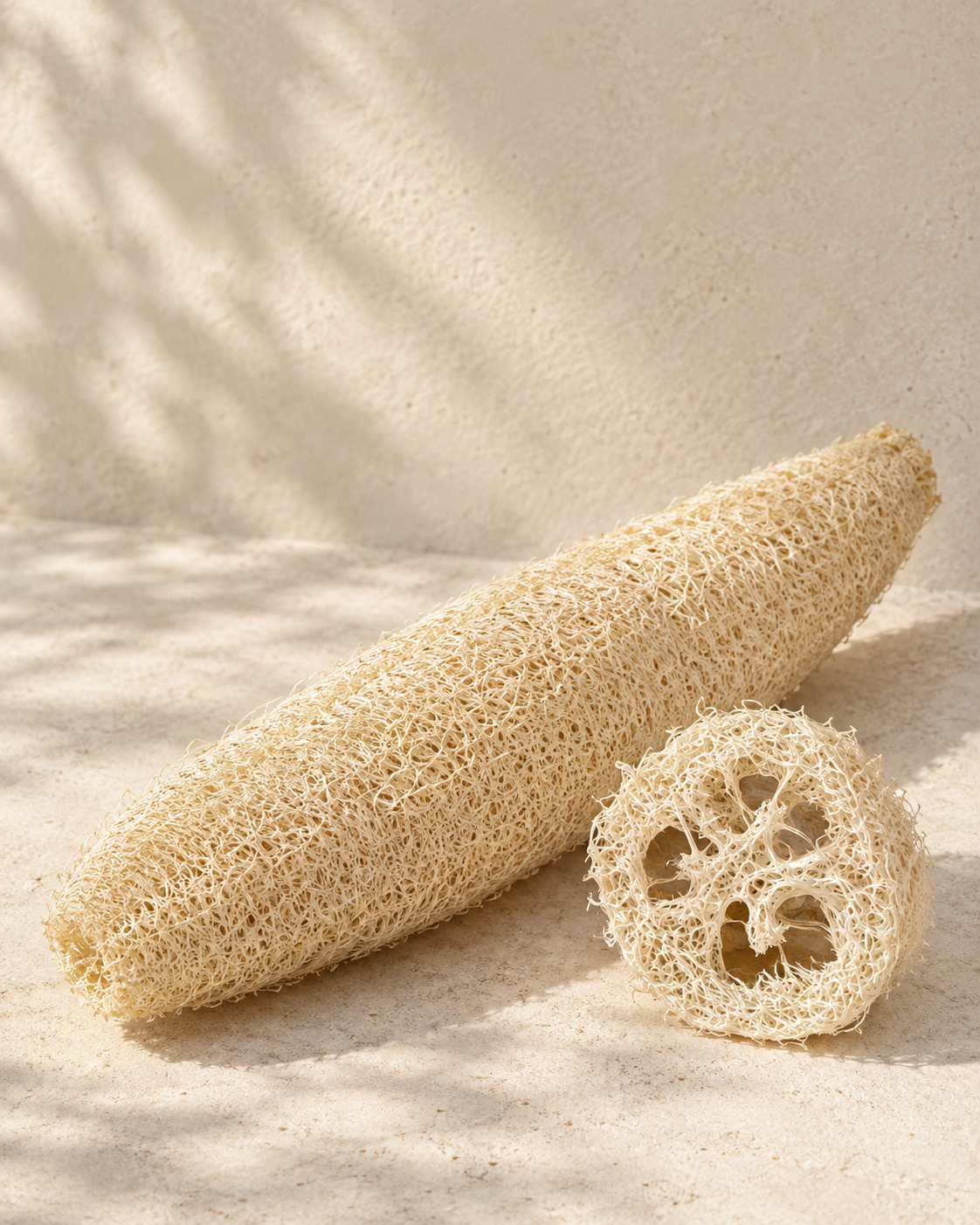 Whole and cut natural loofah showing its open plant-fiber structure
