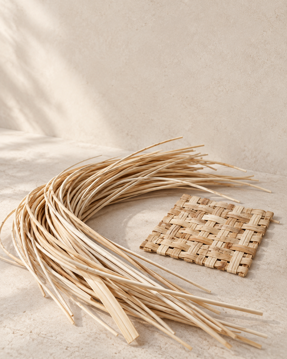 Natural plant fibers beside a handwoven sample
