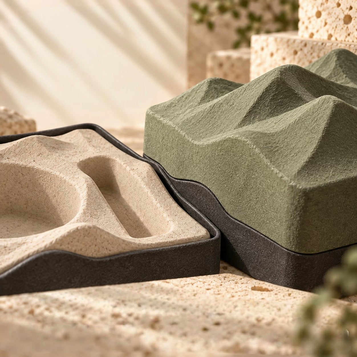 Close-up of contoured packaging inserts with fibrous texture