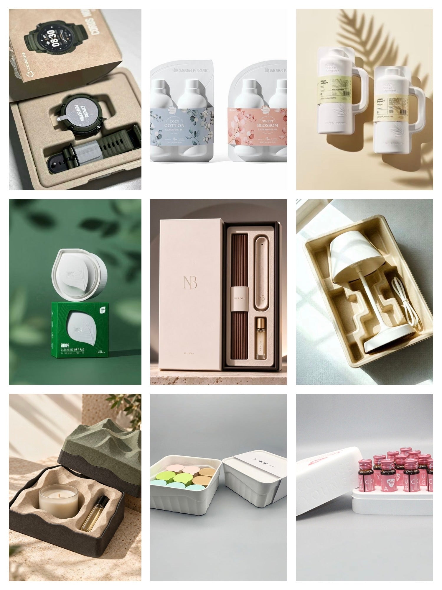 Collage of molded-fiber packaging applications across beauty, home and consumer goods