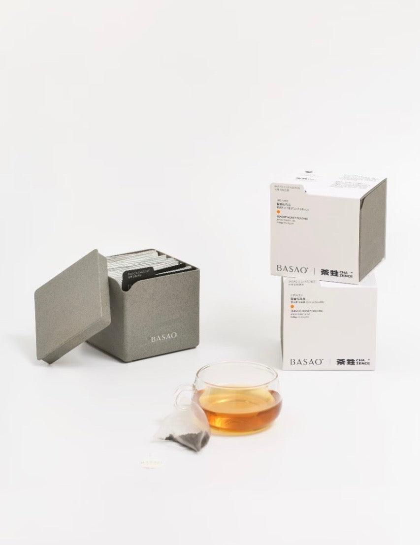 BASAO branded container shown as a third-party tea-material reference