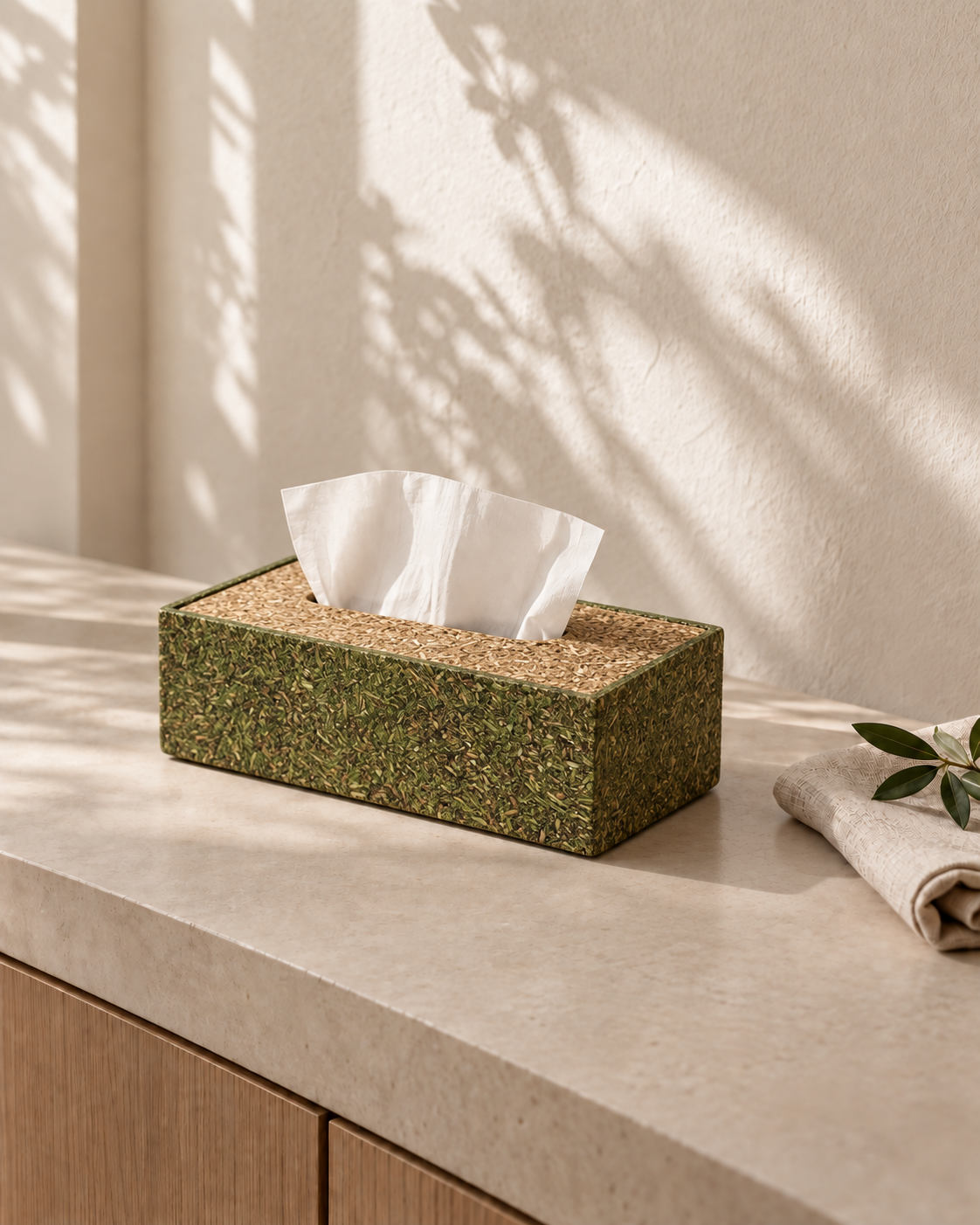 Tea-derived fiber home object in a warm naturally lit interior