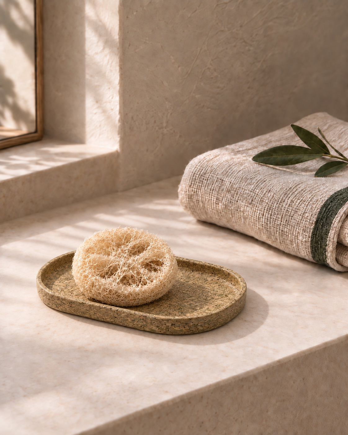 Natural loofah on a tea-derived fiber tray in a softly lit interior