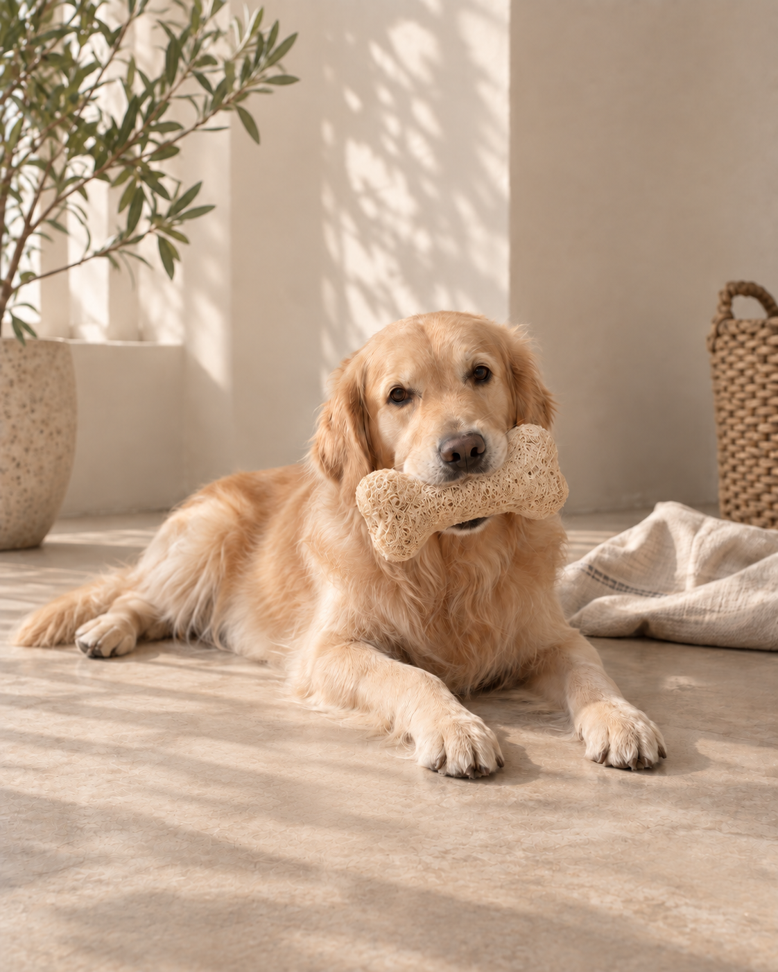 A dog resting with a natural loofah object in warm daylight