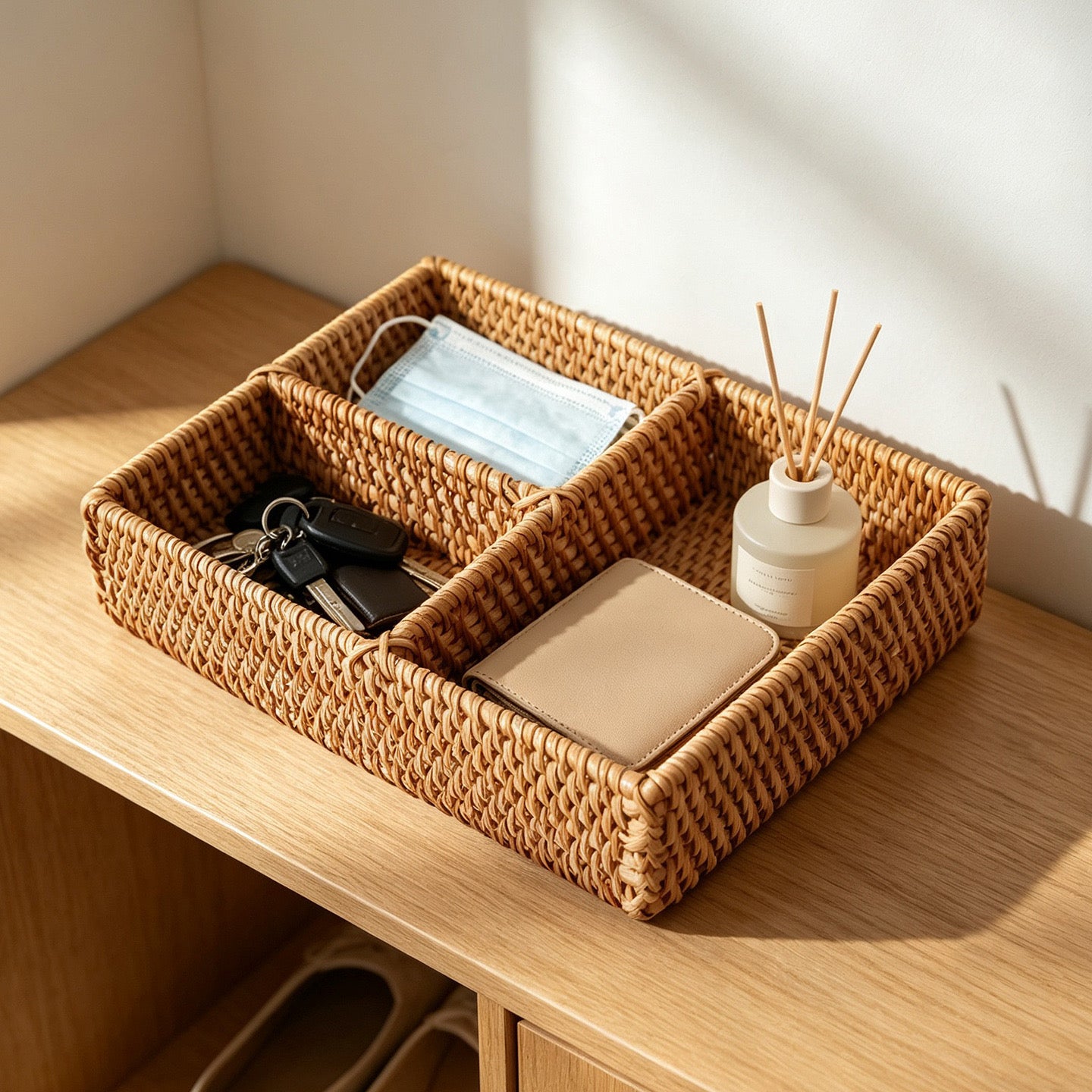 Rectangular woven organizer with compartments holding everyday items
