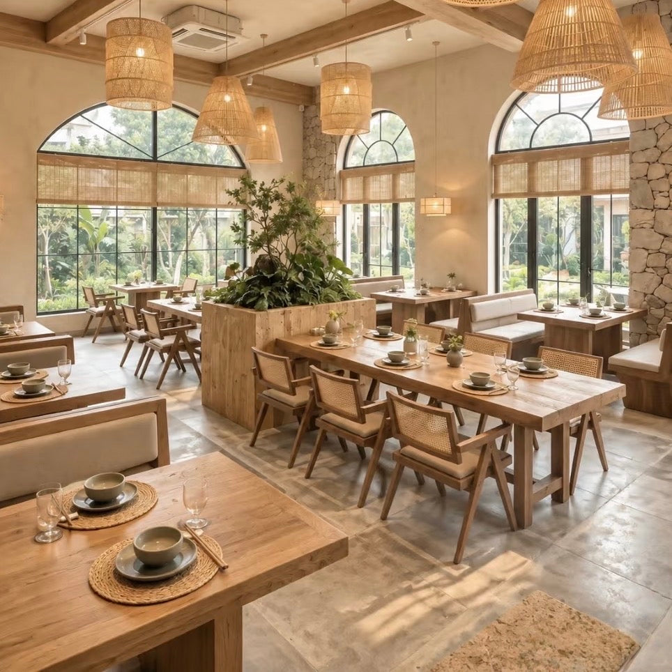 Warm hospitality interior with woven pendant lights, window shades and table mats