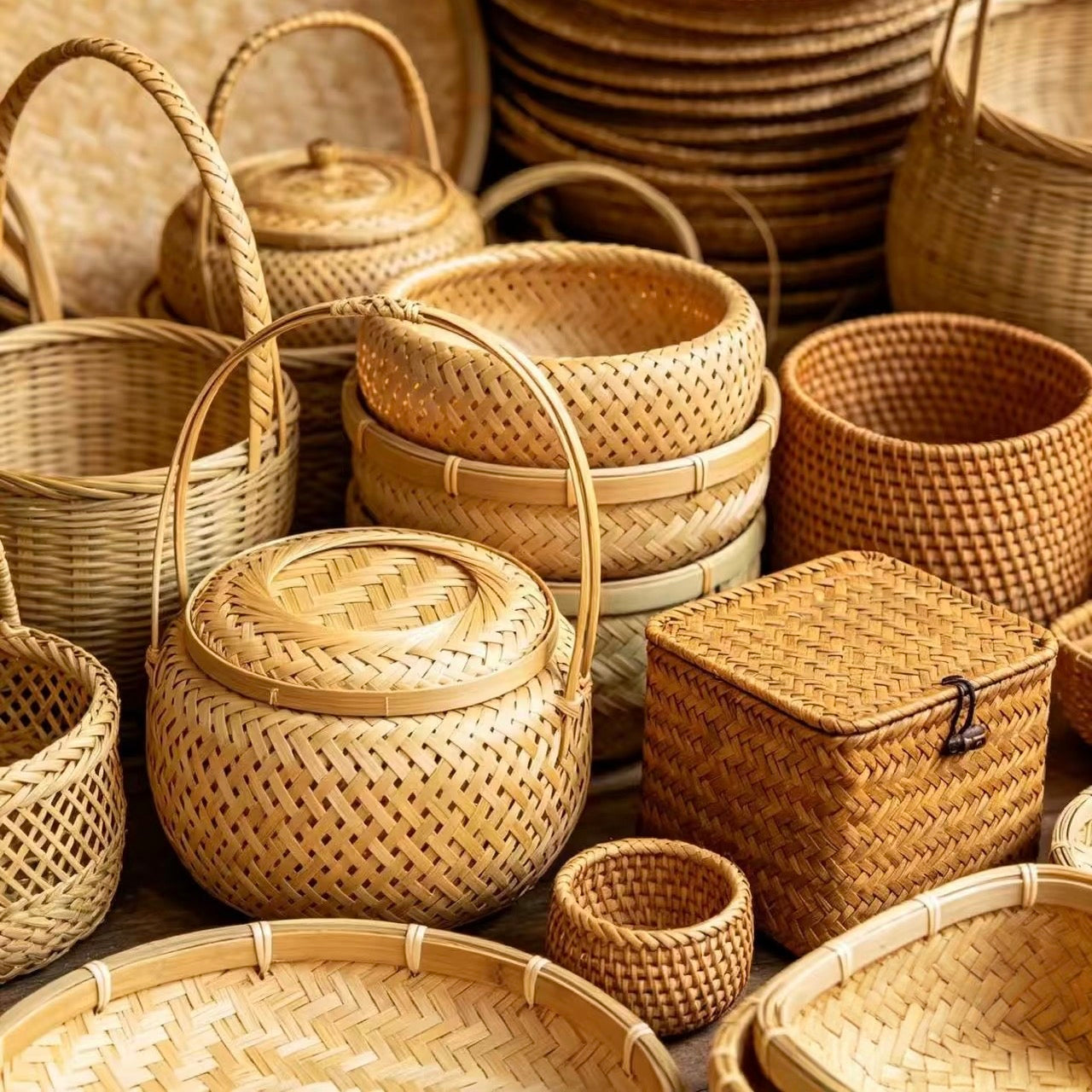 Collection of handwoven baskets, trays and lidded storage containers in natural tones